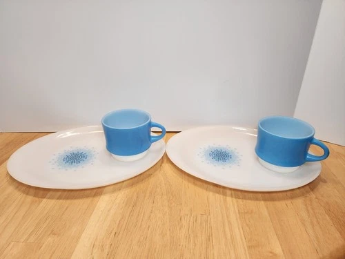 Fire King Anchor Hocking Blue Mosaic Snack Set, 4 Piece, Vintage Cups Excellent!