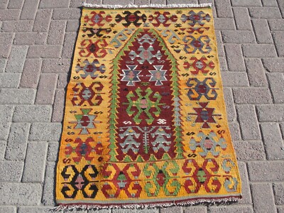 3x4 Yellow Rare Kelim Rug, Turkish Kelim Rug Small, Anatolia Rug, Kelim teppich