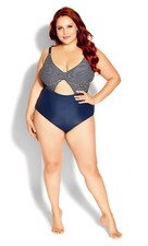 City Chic Plus Size L/20 Lani Navy Striped 1 Piece Swimsuit