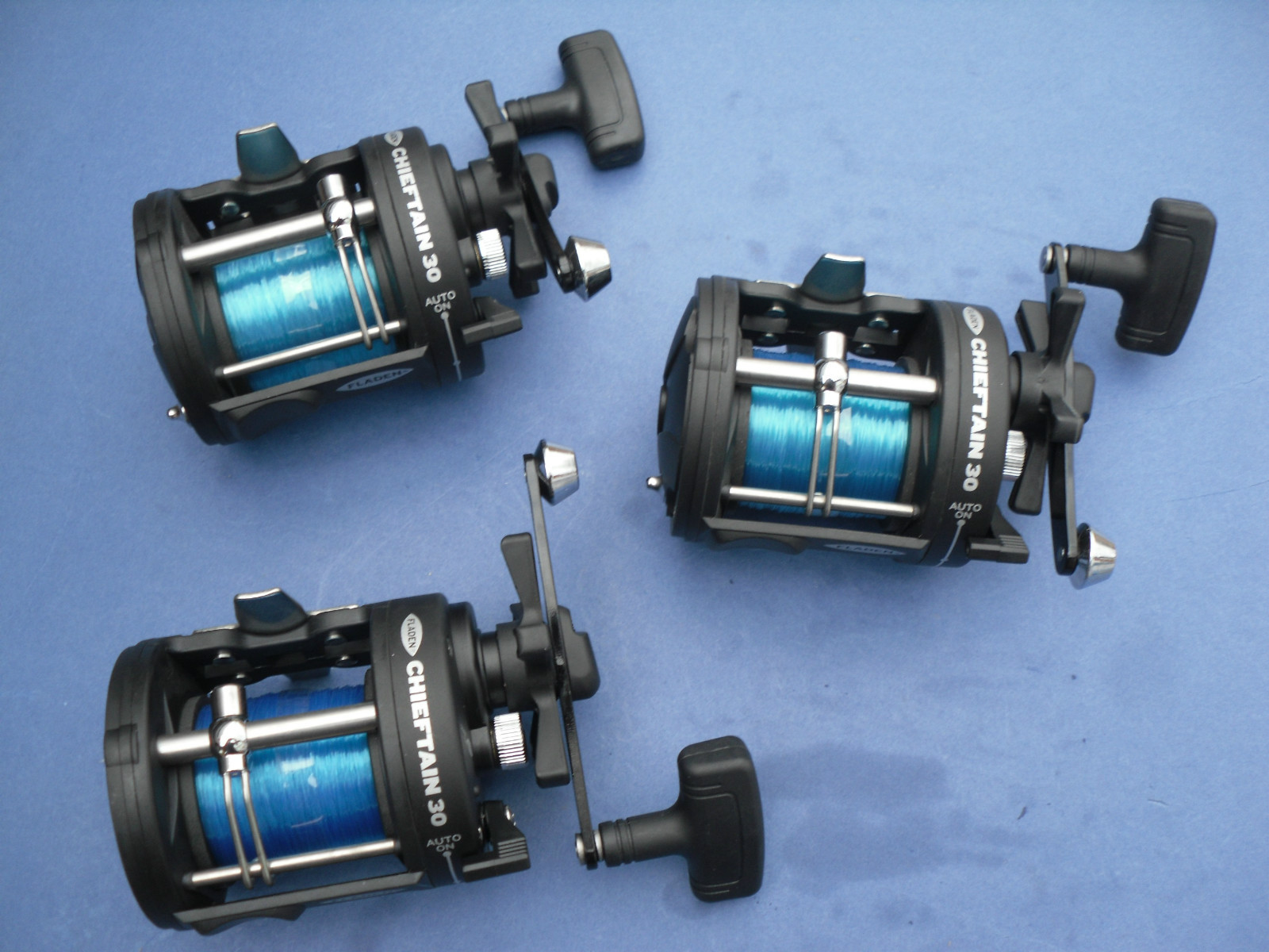 3 X FLADEN CHIEFTAIN 30 MULTIPLIER REELS WITH LINE ON BOAT SEA FISHING TACKLE