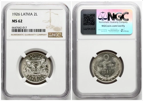 1926 Latvia Silver 2 Lati coin NGC MS 62 KM# 8
