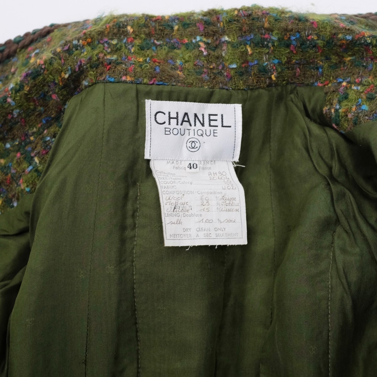 Chanel 1990 long jacket green tweed 40 US 8 vintage open