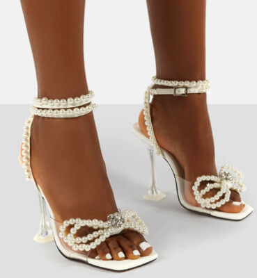 Public Desire Glimmer White Wrap Around Pearl Detail Bow Heel