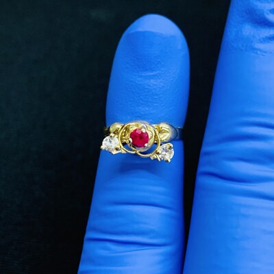 14k Gelbgold Spinner rosa Rubin & CZ Blume Herz Ehering Größe 3