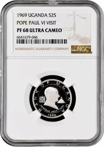 Uganda 2 shillings 1969, NGC PF68 UC, "Visit of Pope Paul VI" Pop 1/2 silver