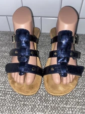 Vionic Womens Slip In Shoes Sz US 7 Wedge Navy Blue Shiny Nice Dressy S5