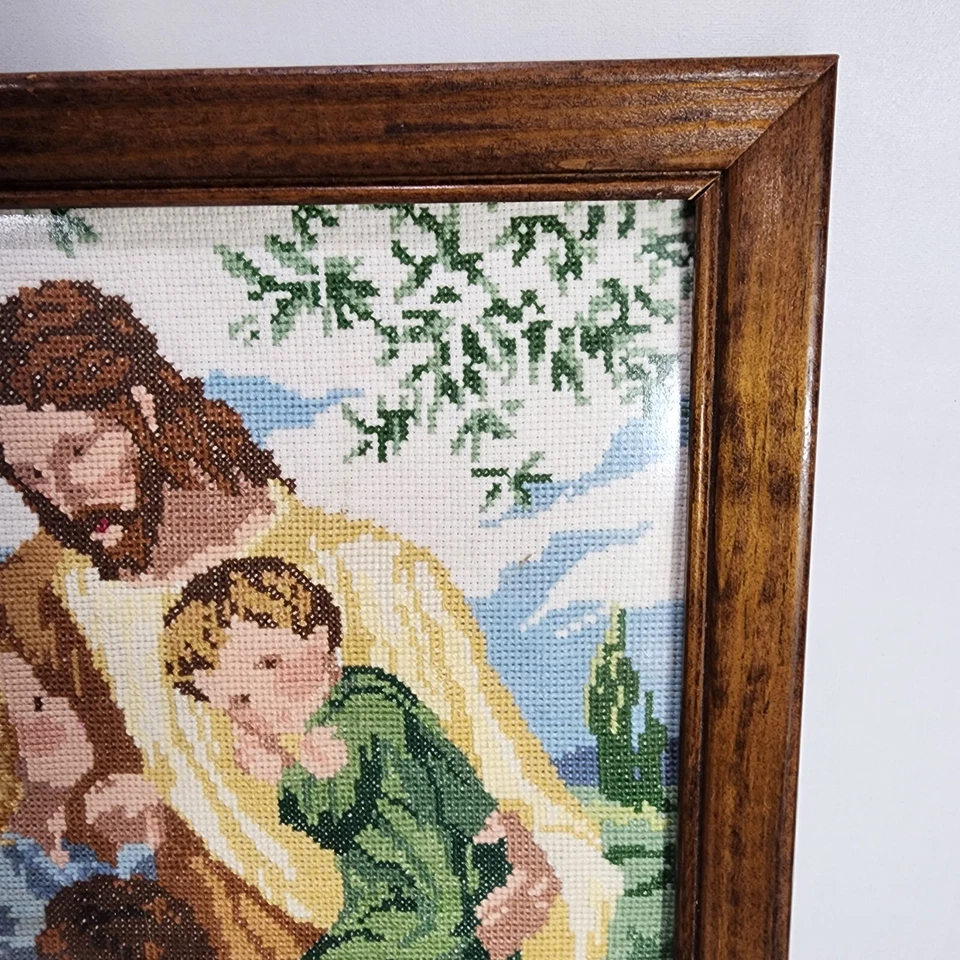 Religious Finished Needlepoint Artwork  in 14.5 x 11.5 Wood Frame Jesus Children - Image 3 of 4