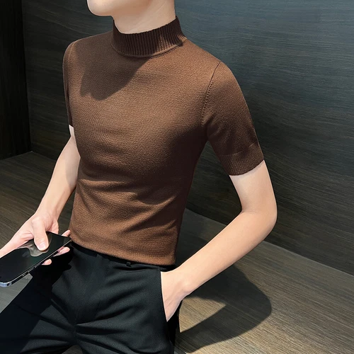 Half Turtle Neck Men Base Shirt Spring New Short-sleeved Sweater Knitted T-shirt - Picture 28 of 32