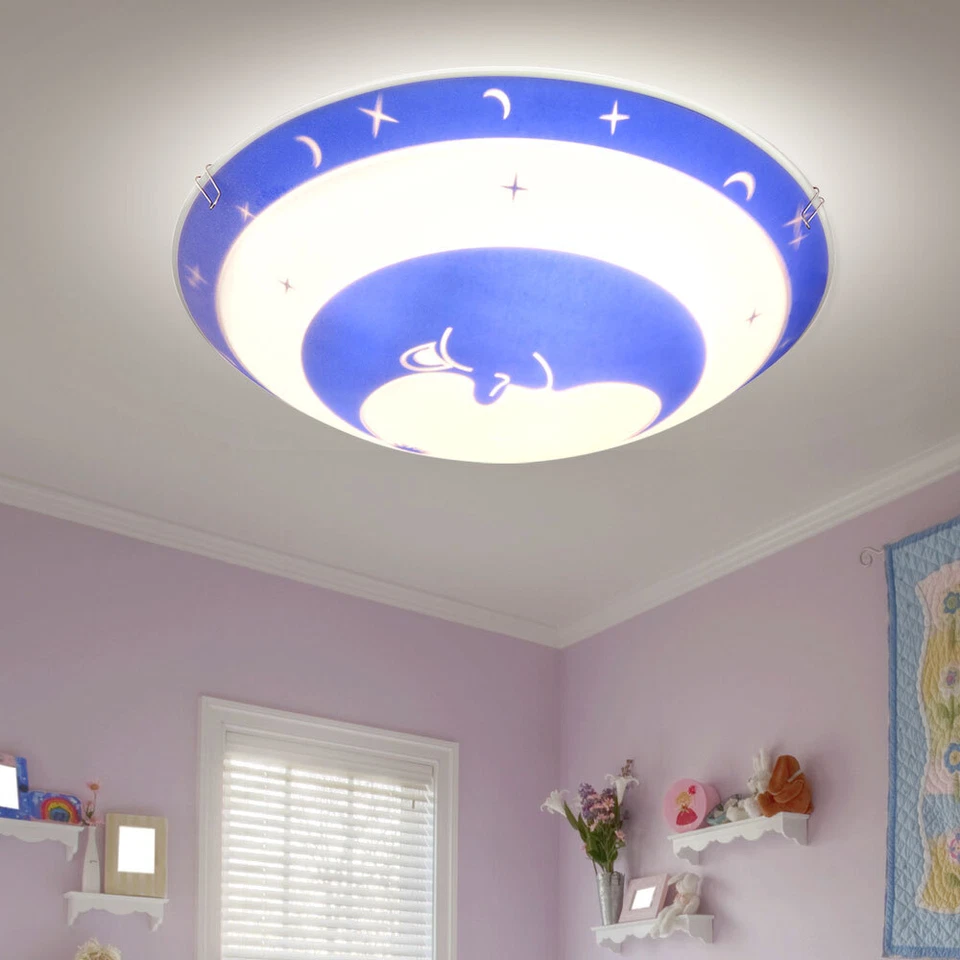Enfants Plafonnier Lampe pour Chambre D'Enfant Verre Bleu Blanc LED Lune Étoiles - Photo 3/4