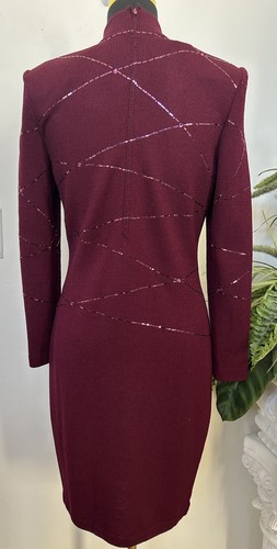 St. John Evening Crystal Burgundy Wine Santana Wool Sheath Dress 4, $1,245 - Picture 5 of 12