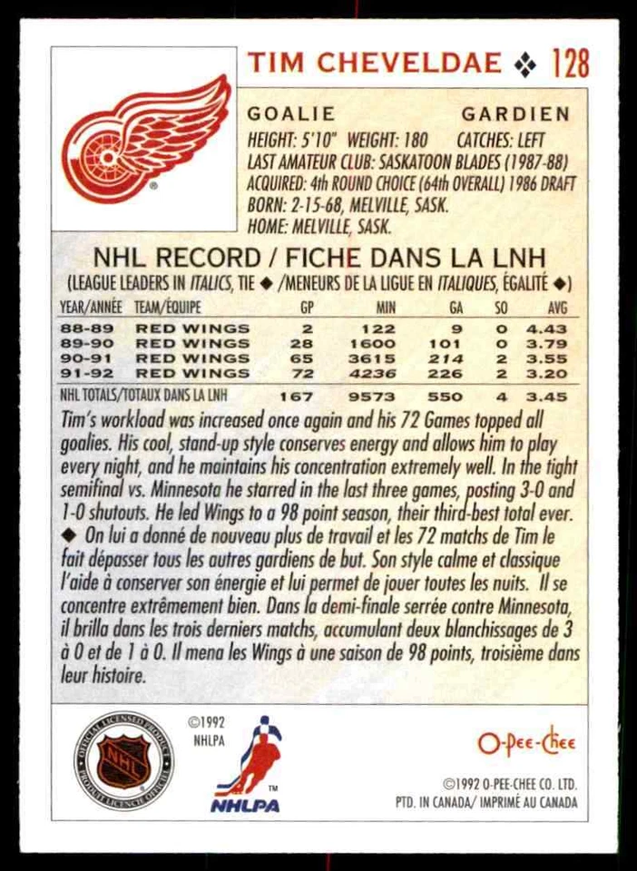 1992-93 O-Pee-Chee Tim Cheveldae #128 - Image 2 of 2