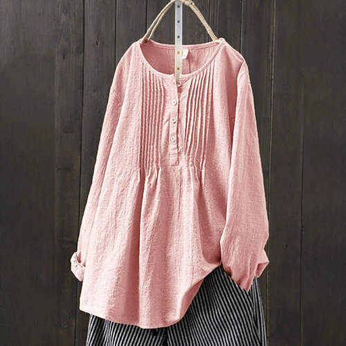 Womens Cotton Linen Tunic Tops Baggy Long Sleeve Ladies T-Shirt Blouse - Bild 7 von 21