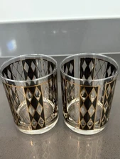 Vtg MCM Georges Briard Rock Glasses Gold Black Harlequin Pattern Signed