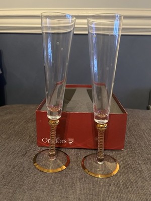 Orrefors Sweden Crystal Champagne Flutes Pair Nr 432 10  Gold Rim Striped Stem