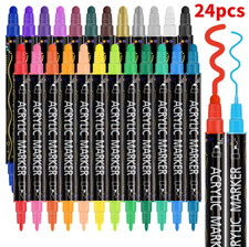 24 Colors Dual Tip Acrylic Paint Marker Pens Set, Multifunctional Acrylic Tip US