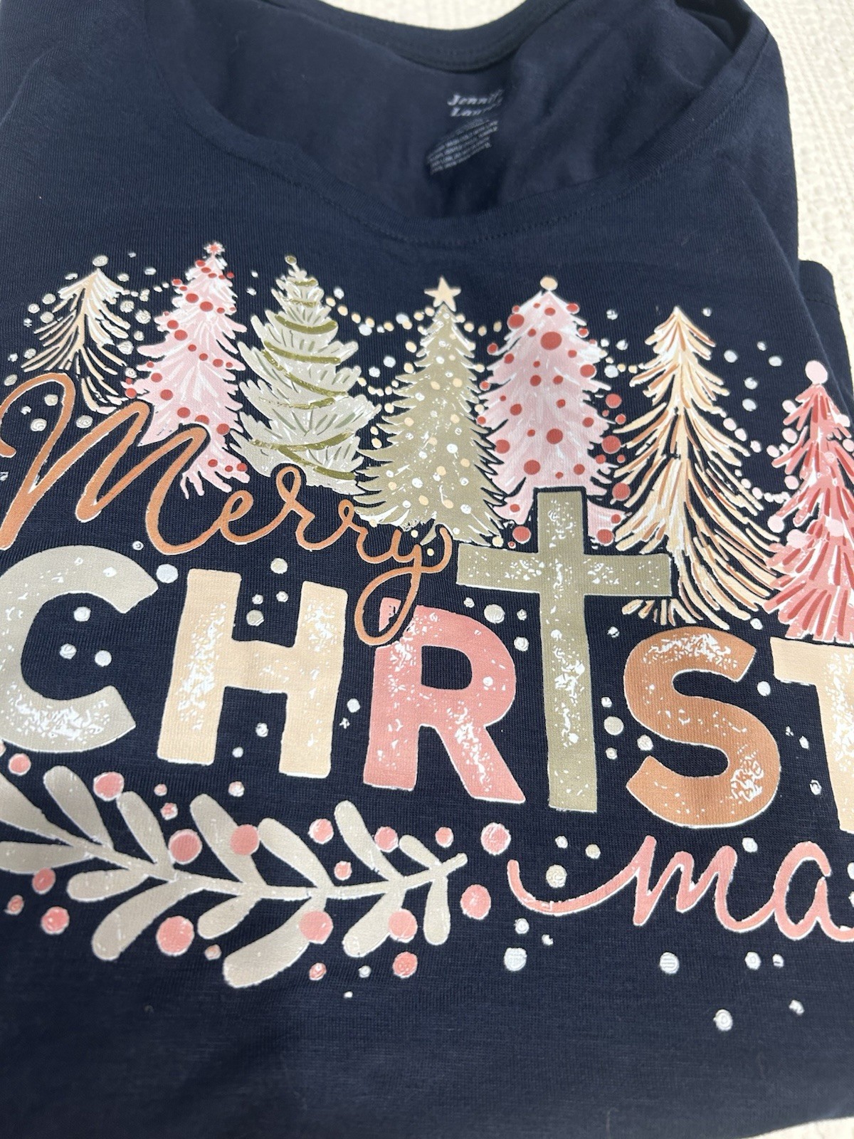 “Merry Christmas” Navy Blue Women’s Tunic Shirt Jennifer Lauren Size Large Pink