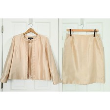 Kasper 3-Piece Skirt Suit Womens 14P Champagne Beige Ruffle Trim Formal
