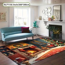 1pc Christmas Santa Claus Sleigh Fireplace Area Mat - Non-Slip Flannel Floor Mat