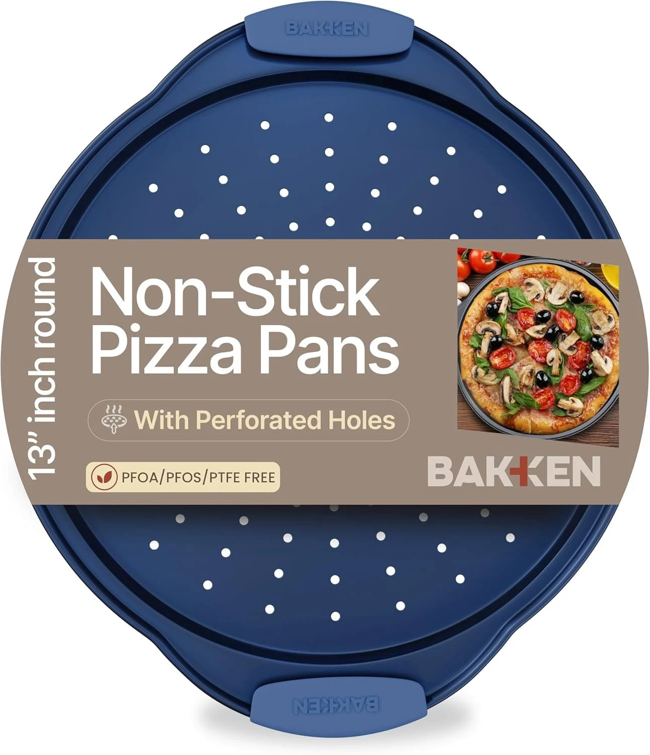 Round Perforated Carbon Steel Pan Pizza Baking Pan Oversized Silicone Handle