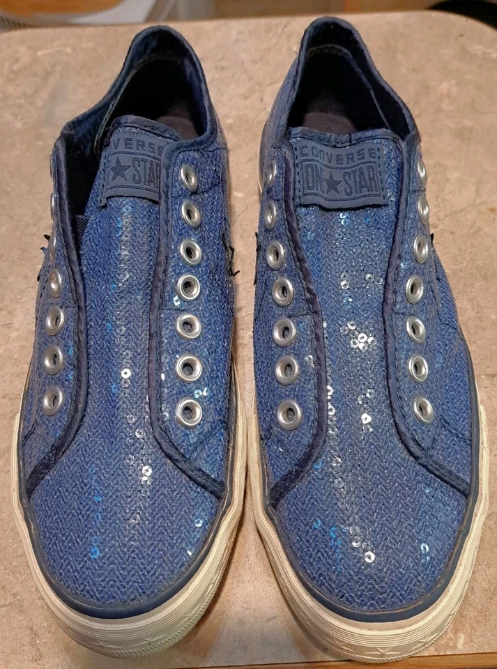 罕见 Converse One Star Chuck Taylor 低帮无带运动鞋 蓝色亮片 Wm 10 Y2K — 第 3/4 张图片