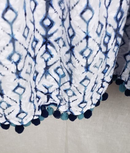 Boho Peasant Dress Womens M Blue White Embroidered Floral Pom Pom Trim Festival - Picture 4 of 7
