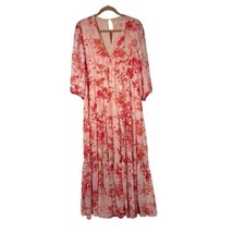 Bleecker 126 Pink Floral Long Sleeve V‎ Neck Maxi Dress Sz 14 Womens
