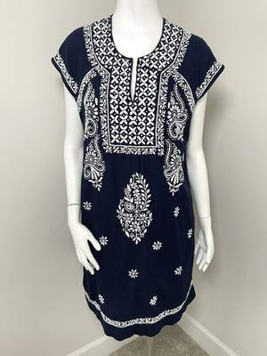 Roller Rabbit Faith Shift Dress M Navy White Embroidery Resort Nautical Coastal