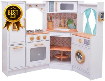KidKraft Ultimate Corner Wooden Play Kitchen with Lights & Sounds White Laundry
