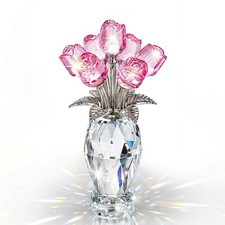 Pink Crystal Rose Flower Figurine with Vase Glass Flowers Gifts for