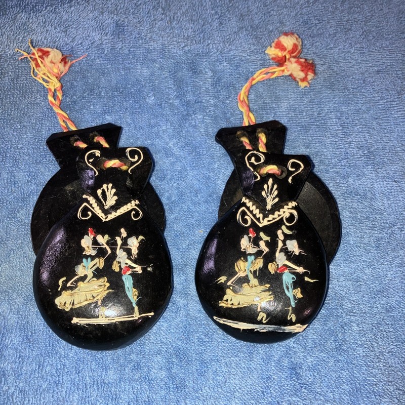 Vintage Wooden Castanet Hand Painted Carved Flamenco Dancers