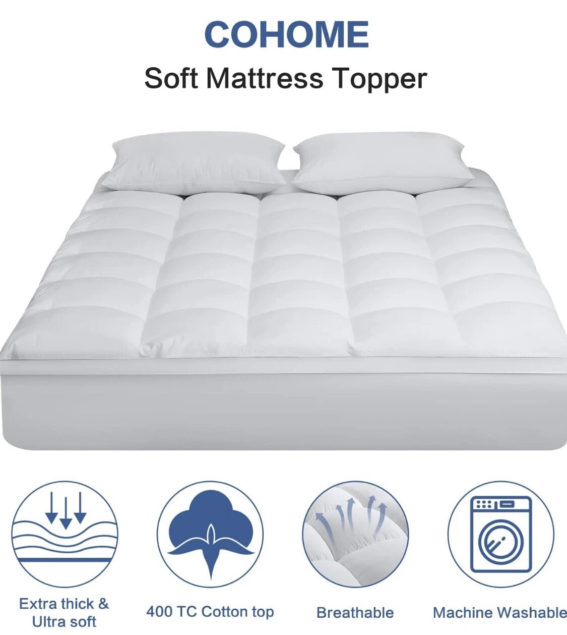 COHOME Mattress Topper Queen Extra Thick Cooling Mattress Pad 400TC Cotton Top P