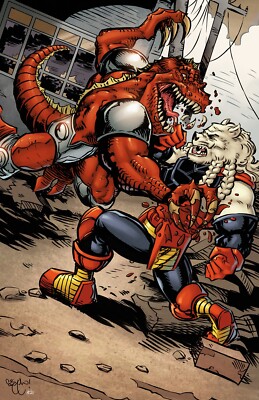 INVINCIBLE BATTLE BEAST VS DINOSAURUS 11X17 PRINT SIGNED BY CHRIS MCJUNKIN
