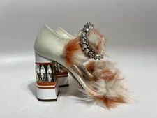 Miu Miu White Patent Leather Faux Fur Crystal Heels 36