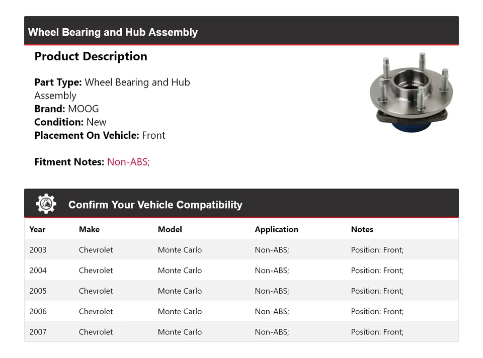 Conjunto de cojinete de rueda y buje delantero MOOG para Chevrolet Monte Carlo 2003-2007 Foto 2 de 4