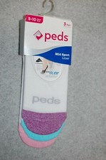 Womens 3 PAIR PEDS MID SPORT LINERS Socks WHITE Colored Toes SHOE SIZE 5-10