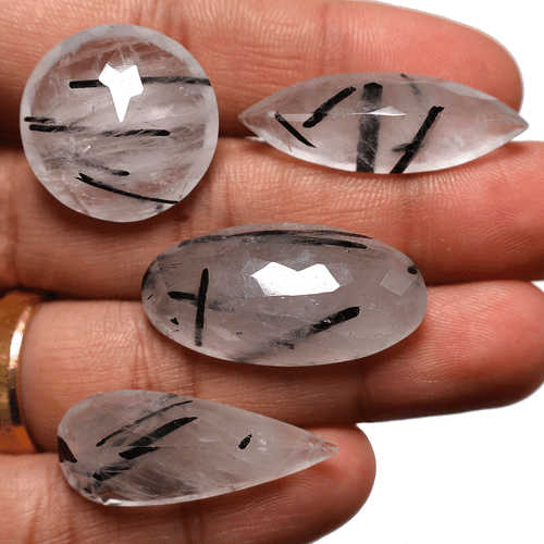 4 PC Natural Tourmaline Rutile Quartz High Grade 22mm-33mm Faceted Cut Gemstones - Picture 3 of 13