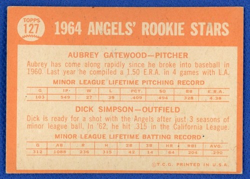 1964 Topps Baseball # 127 Angels Rookie Stars Dick Simpson/Aubrey Gatewood VG - Picture 2 of 2