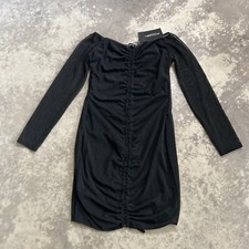 Pretty Little Thing Dress Womens 12 Black Mesh Ruched Bardot Bodycon Shape