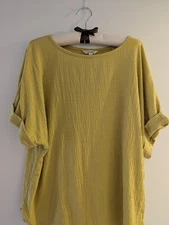 Max Studio London Yellow Green Top/Shirt XL Short Sleeves Cuffed Gauzy Fabric