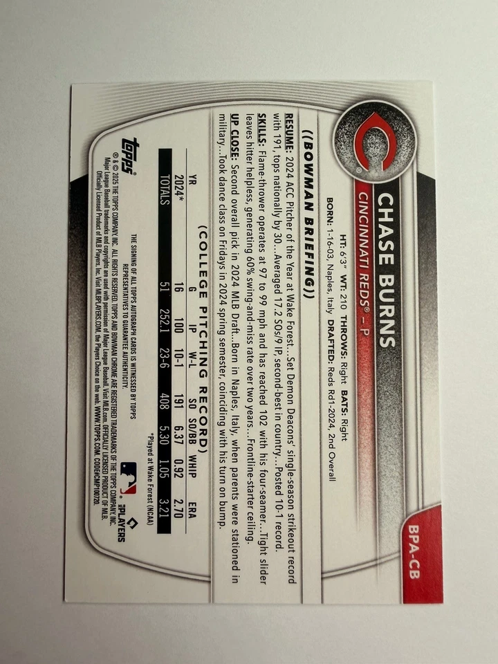 Chase Burns Bowman 2025 /99 Auto - Image 2 of 2