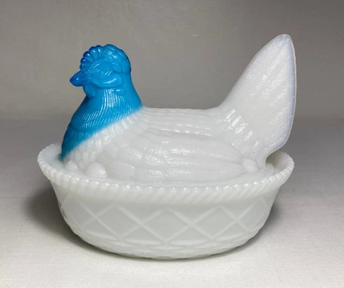 Vintage Blue & White Milk Glass Hen on Nest Westmoreland 5 1/2"