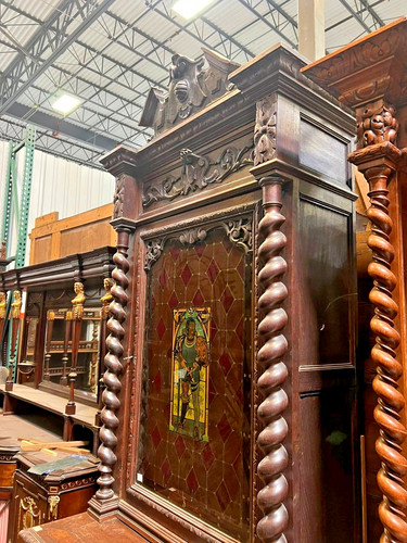 Sideboard Renaissance Revival Walnut, Stained Glass, Knight Barley Twist, 1800s