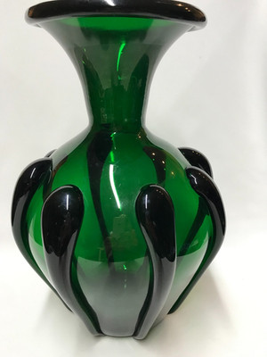 VETRO DI EMPOLI TADDEI GLAS VASE GRÜN, DUNKELGRÜNE TROPFEN,30ER JAHRE, HÖHE 33CM