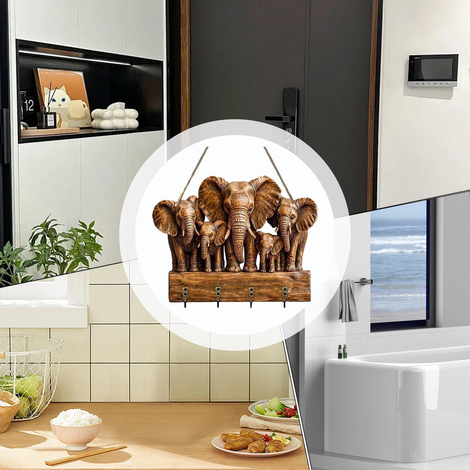 2D Wooden Elephants Hooks Wall Mount Coat Hat Key Towel Hooks 