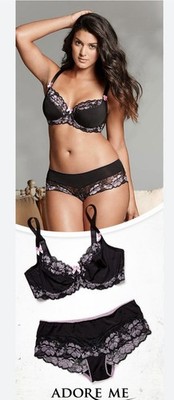 New Adore Me Black & Pink Lace Underwire Bra and Brief Set bra 40D