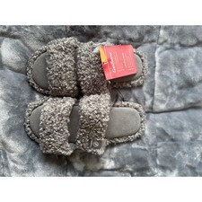 EverFoams Womens Faux Sherpa Slide Slippers Grey Medium 7-8 Cozy Indoor Shoes