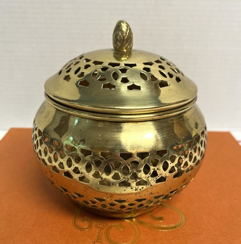 Vintage Indian brass lidded potpourri container geometric lattice work