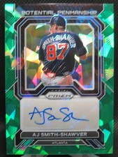 AJ SMITH-SHAWVER 2023 PRIZM POTENTIAL PENMENSHIP GREEN ICE AUTO BRAVES