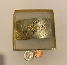 Vintage Metal Belt Buckle, Nickle Silver and Brass, Justin Belt Co, Bronco Busti