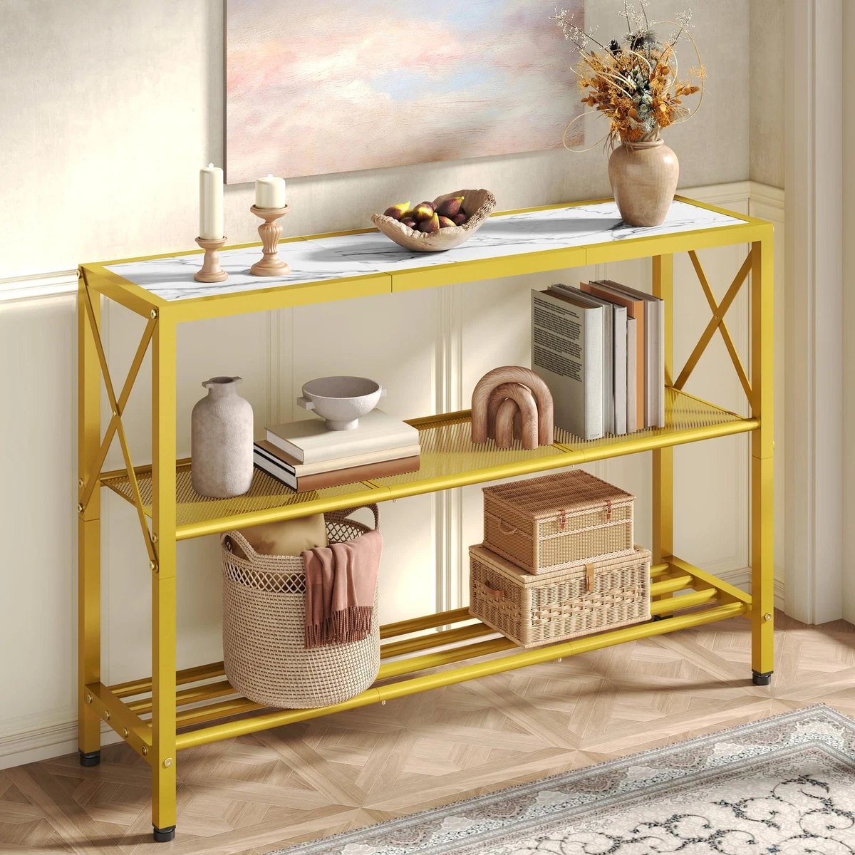 Mesa Consola De Entrada 80 Cm - Base Metálica Geométrica Dorada, Ideal Para Pasillo, Vestíbulo O Salón